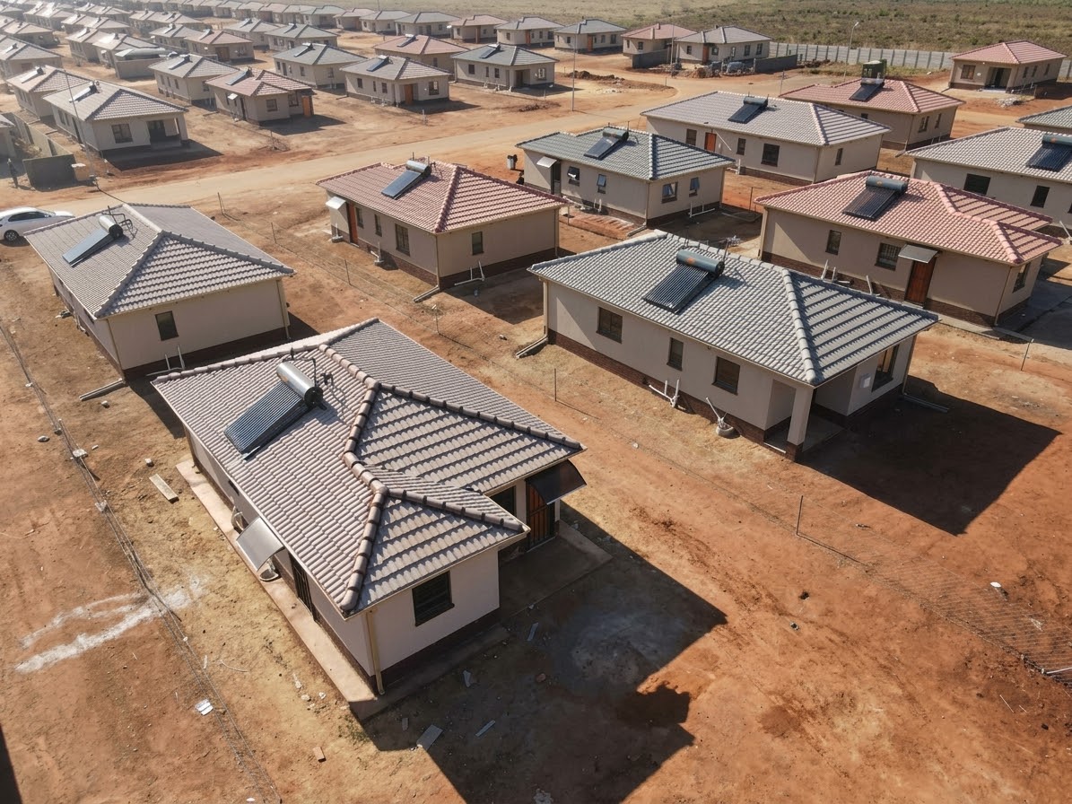 Aerial view of a completed housing development
