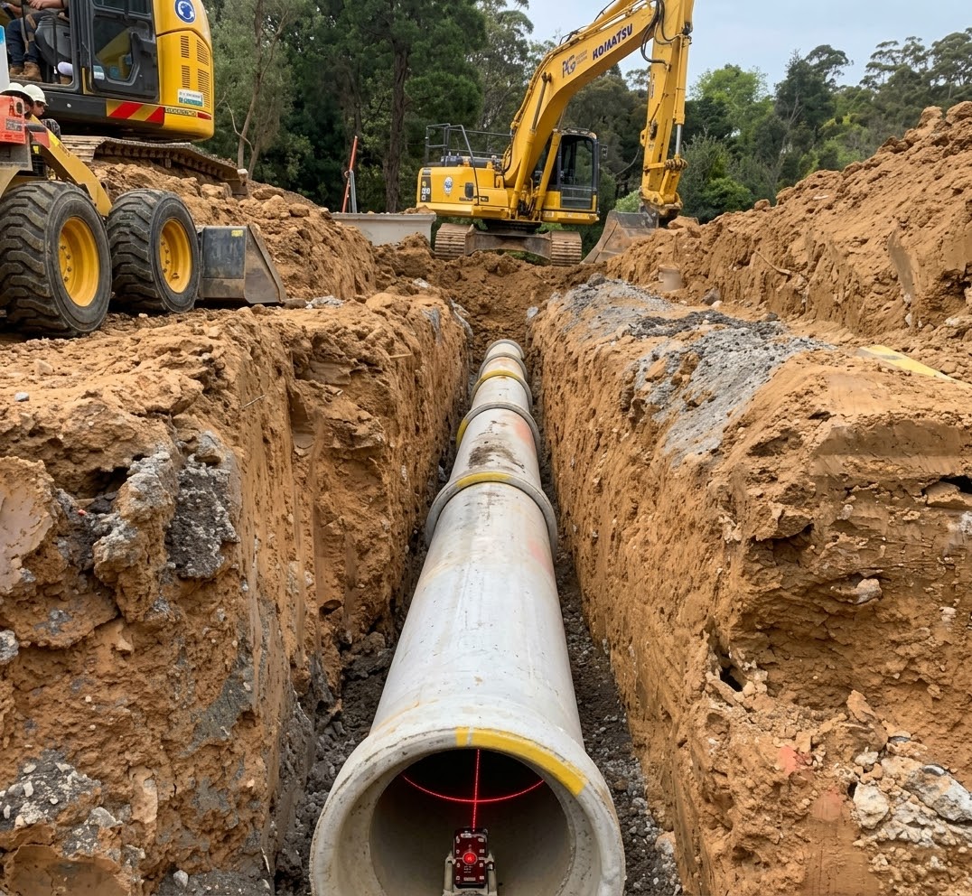Concrete pipeline laid in a trench with excavators on site